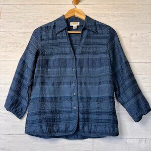 Talbots Blouse Top Womens Size 8 Dark Teal Square Button Down Embroidered Linen